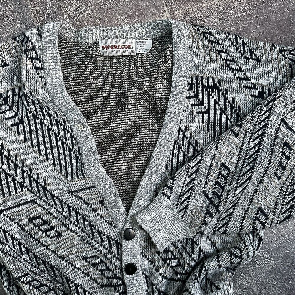 Men's Vintage 80's McGregor White Black Tribal Aztec Cardigan Sweater Sz XL VTG